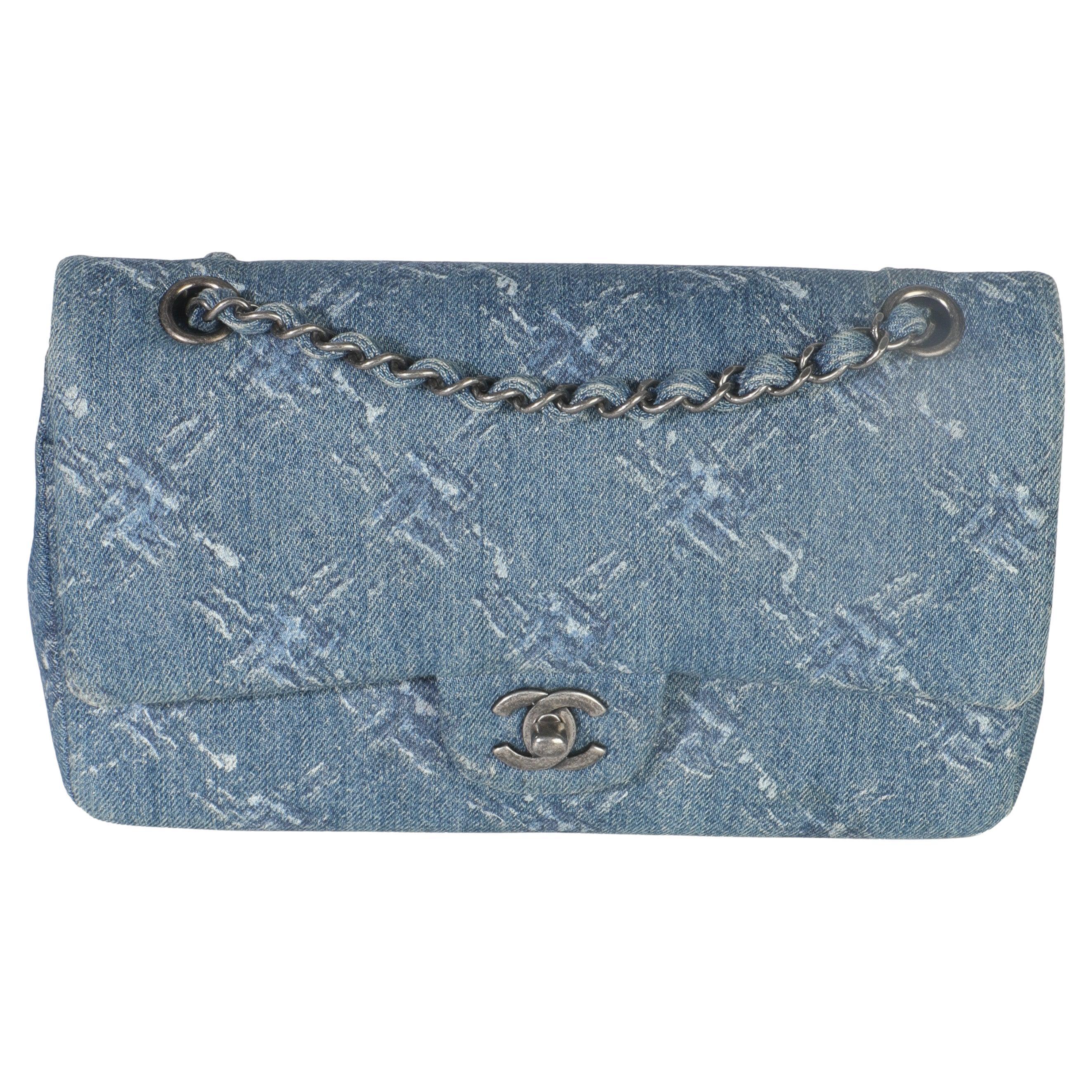 Chanel Blue Bleached Chain Printed Denim Medium Classic Double Flap Bag
