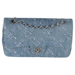 Chanel Blue Bleached Chain Printed Denim Medium Classic Double Flap Bag