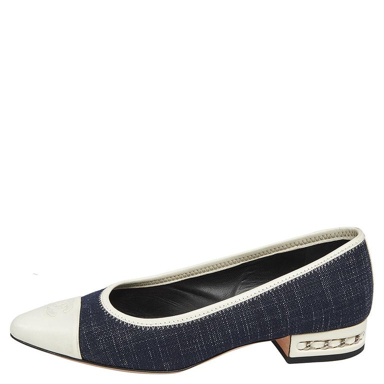Chanel Blue/Blue Leather and Denim CC Cap Toe Ballet Flats Size 38 at  1stDibs