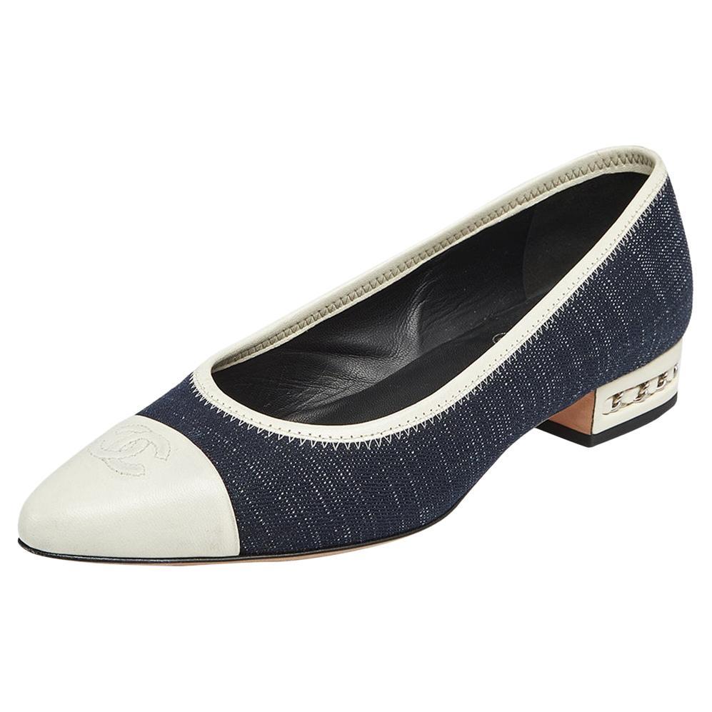 Chanel Blue/Blue Leather and Denim CC Cap Toe Ballet Flats Size 38 at  1stDibs