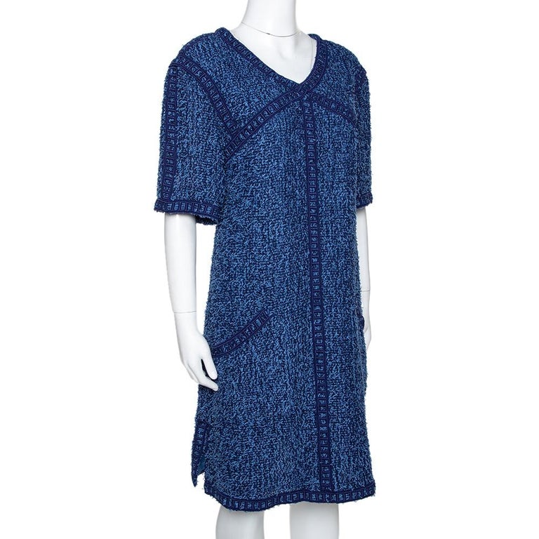 Chanel Blue Boucle Tweed Shift Dress L at 1stDibs