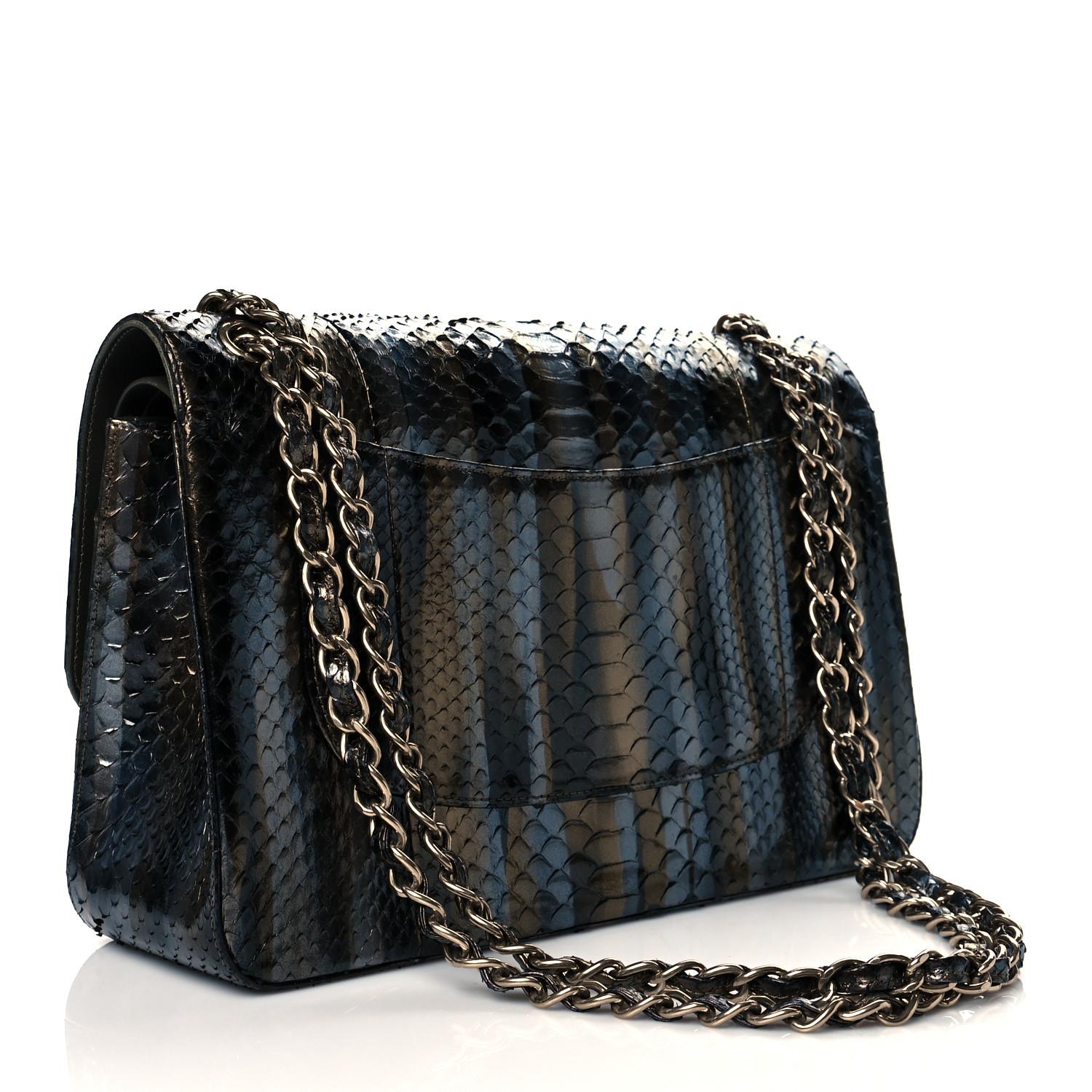 CHANEL Blue Bronze Black Snakeskin Exotic Leather Silver Jumbo Shoulder Flap Bag In Excellent Condition In Chicago, IL