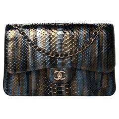 CHANEL Blue Bronze Black Snakeskin Exotic Leather Silver Jumbo Shoulder Flap Bag