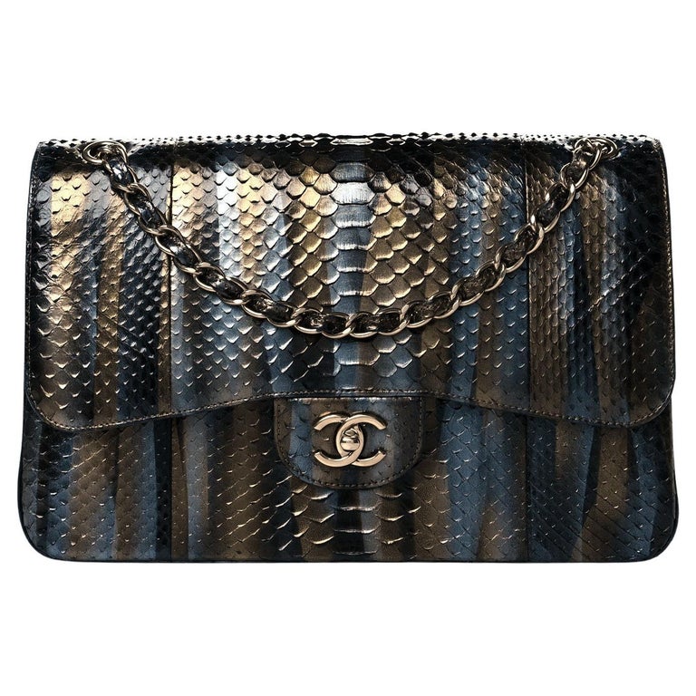 CHANEL Blue Bronze Black Snakeskin Exotic Leather Silver Jumbo Shoulder Flap Bag at 1stDibs