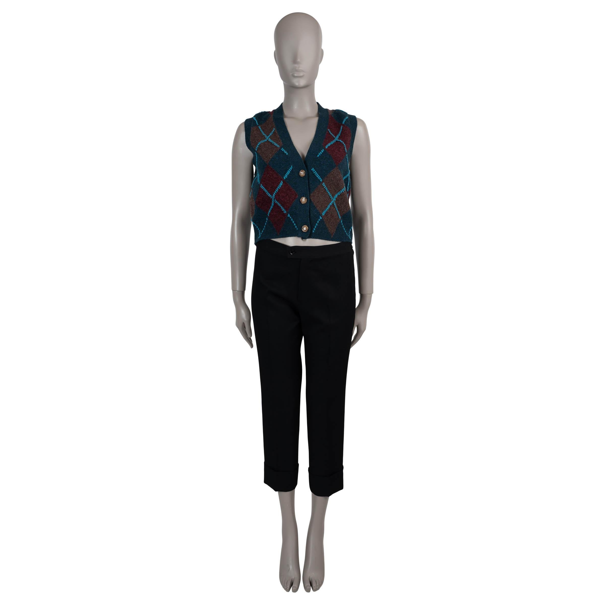 Women's CHANEL blue brown cashmere 24A MANCHESTER ARGYLE Cardigan Vest Sweater 36 XS For Sale