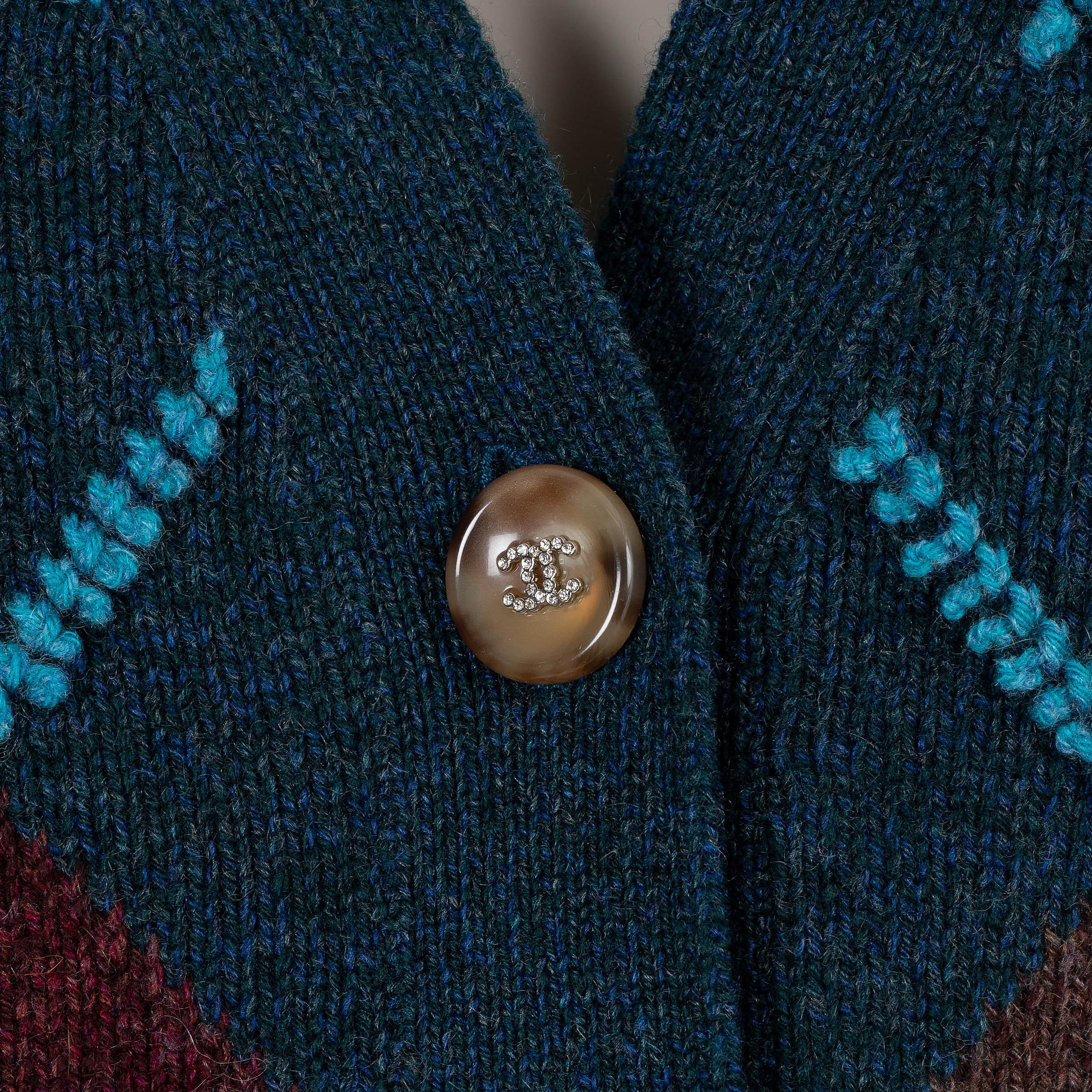 CHANEL blue brown cashmere 24A MANCHESTER ARGYLE Cardigan Vest Sweater 36 XS For Sale 1