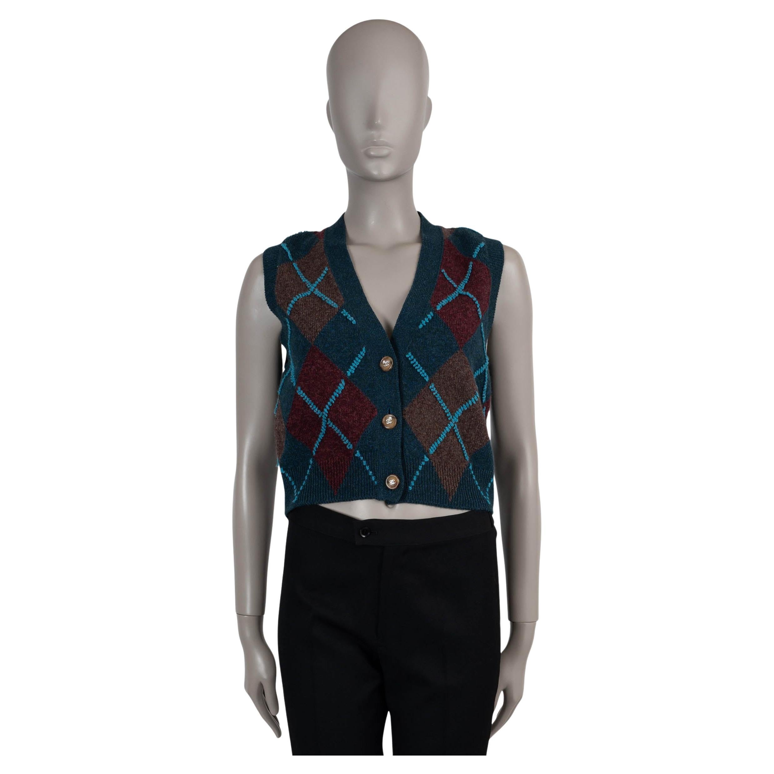 CHANEL blue brown cashmere 24A MANCHESTER ARGYLE Cardigan Vest Sweater 36 XS For Sale