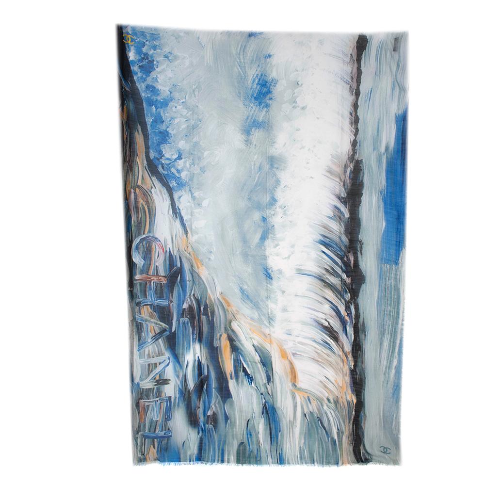 Chanel Blue Brushstroke Print Silk & Cashmere Stole

- Luxurious extremely soft silk and cashmere texture 
- Gorgeous painting like print 
- Chanel signature to the side 
- Beautiful color combination
- Legendary CC logo to the corner
- Fringe