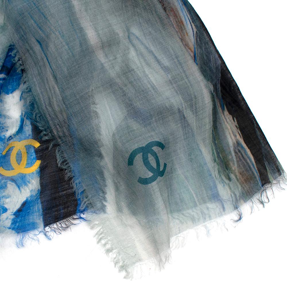 Chanel Blue Brushstroke Print Silk & Cashmere Stole 2