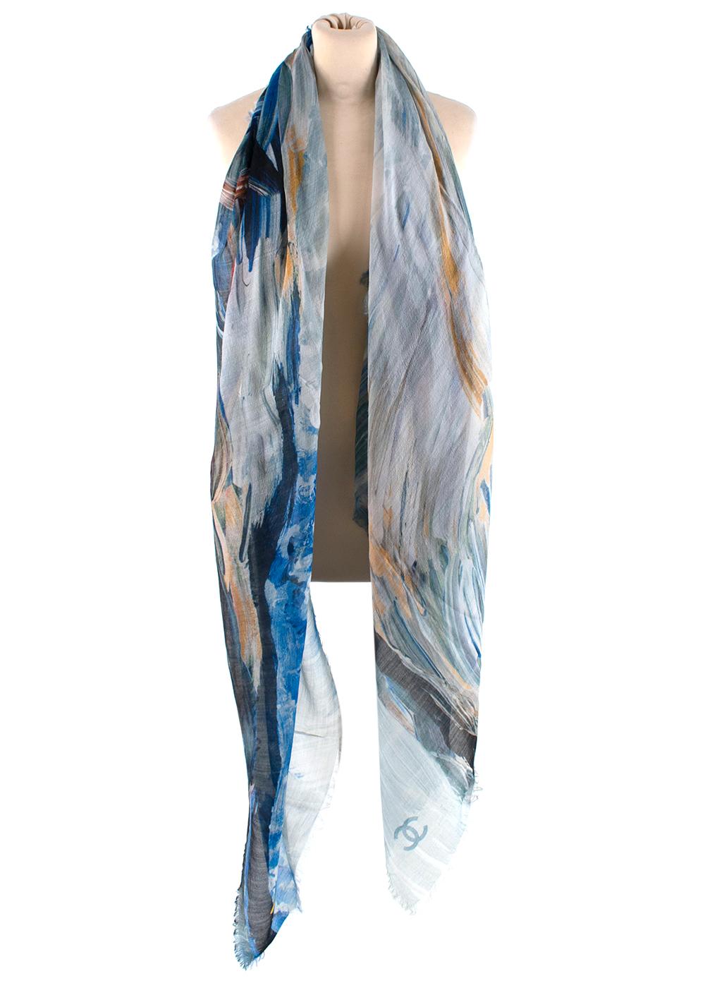 Chanel Blue Brushstroke Print Silk & Cashmere Stole 3