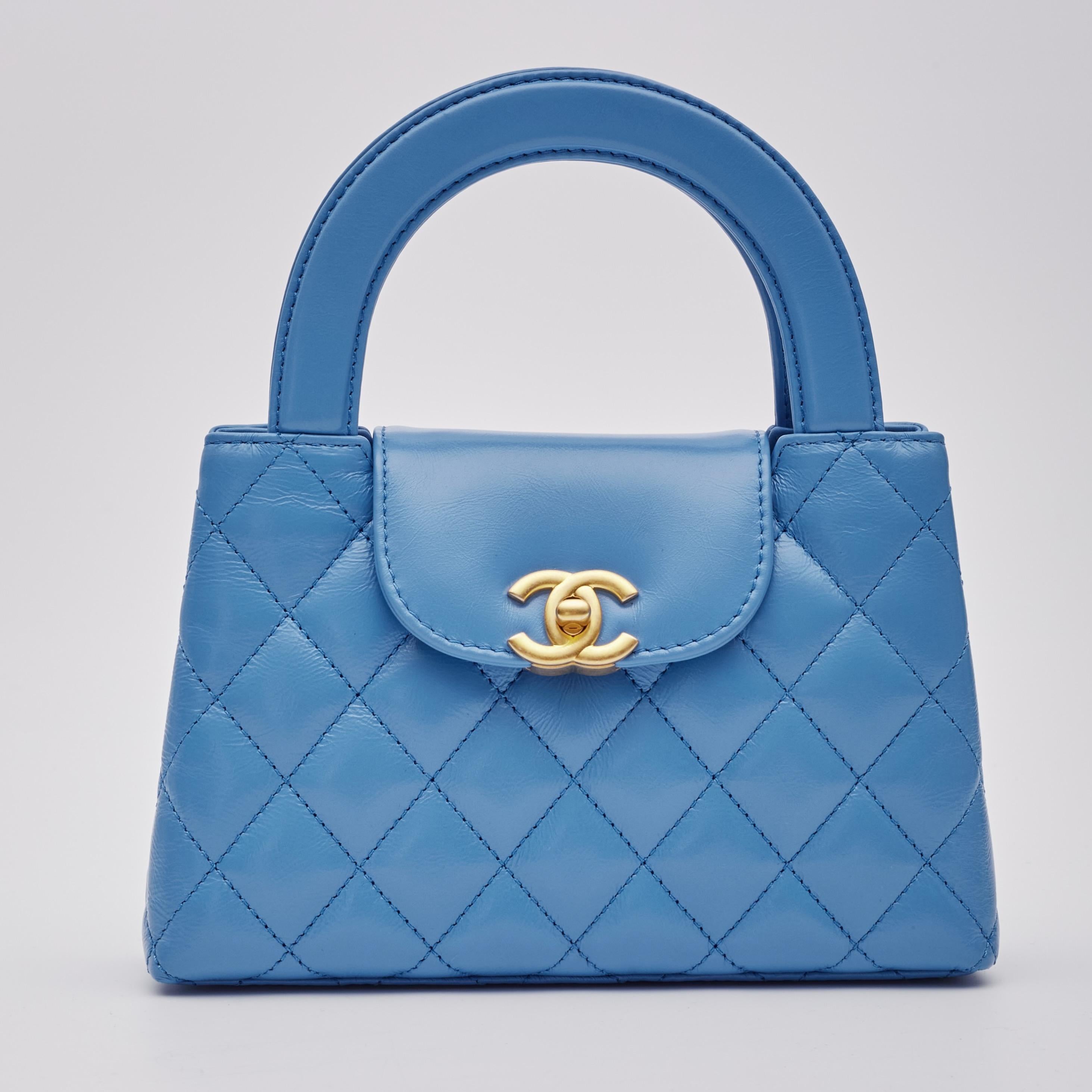 Chanel Blue Calfskin Mini Shopping Kelly Bag In New Condition For Sale In Montreal, Quebec
