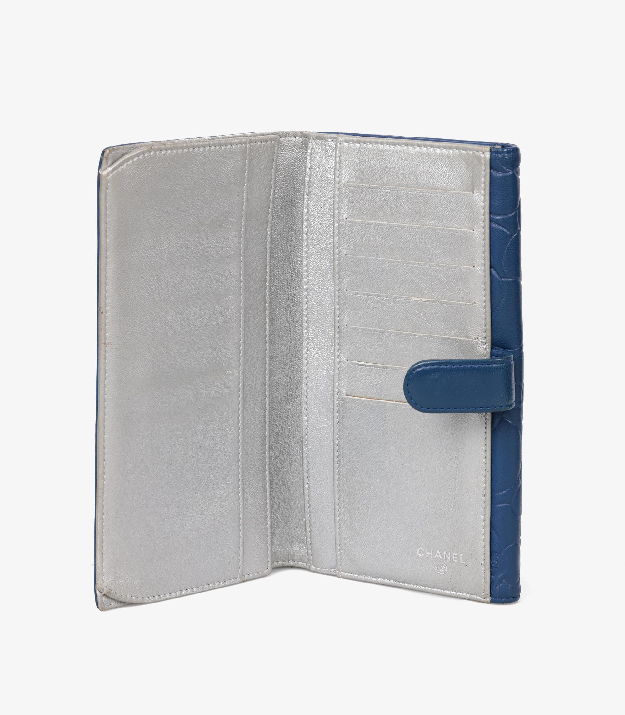 Women's or Men's Chanel Blue Camellia Embossed Lambskin Leather Classic Long Wallet For Sale