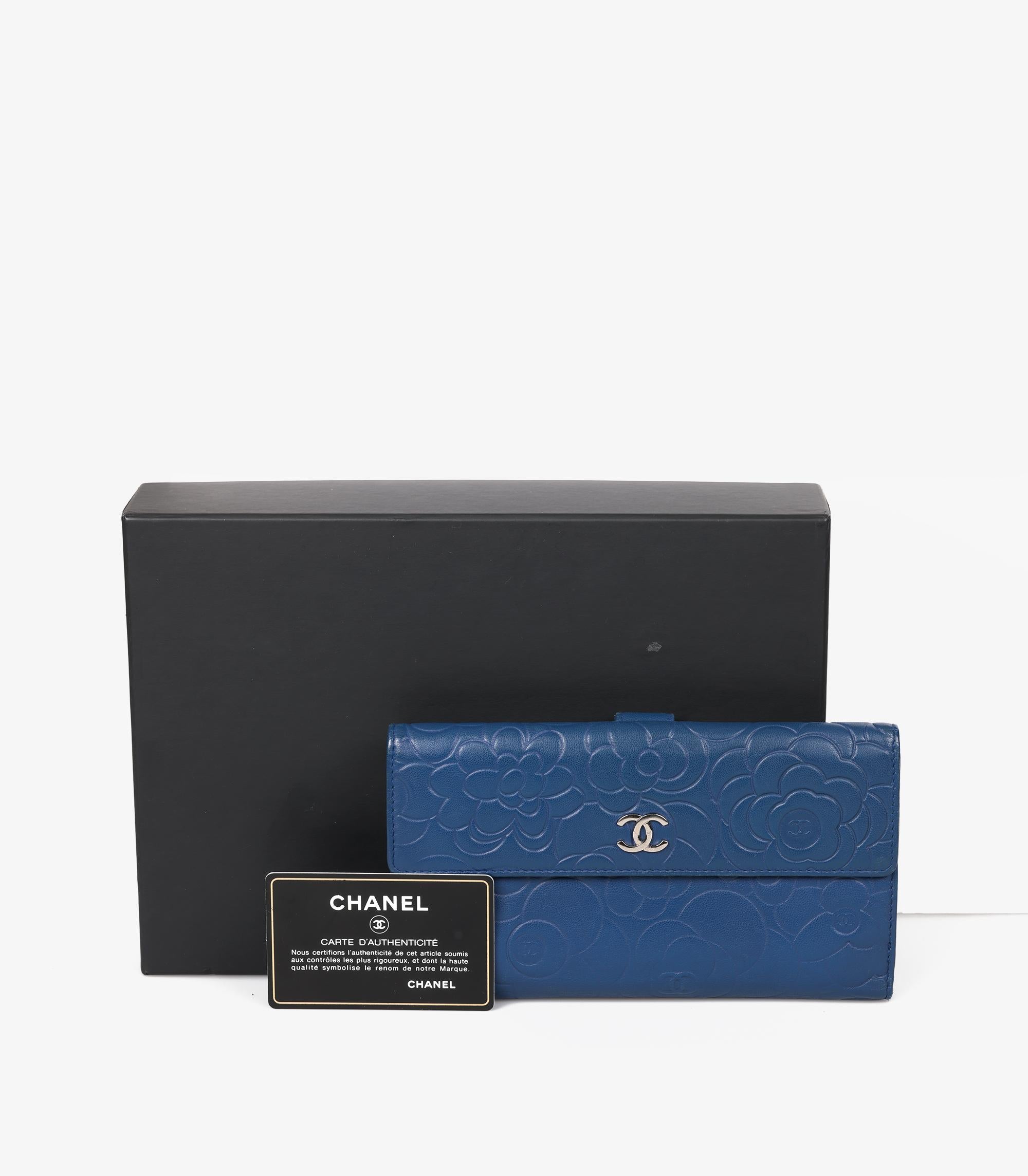Chanel Blue Camellia Embossed Lambskin Leather Classic Long Wallet For Sale 2
