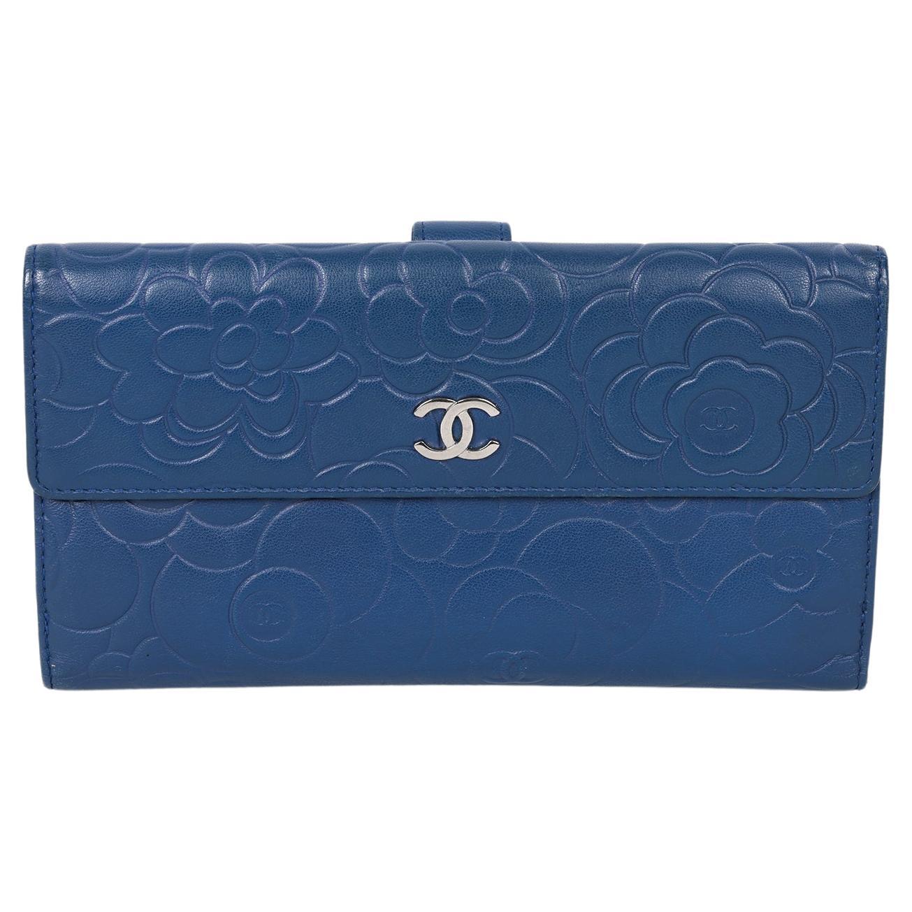 Chanel Blue Camellia Embossed Lambskin Leather Classic Long Wallet For Sale
