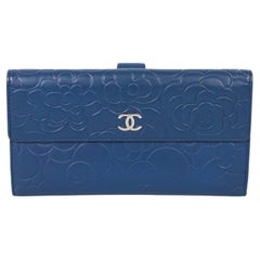 Chanel Blue Camellia Embossed Lambskin Leather Classic Long Wallet