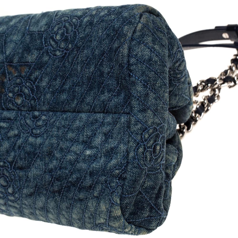 Chanel Blue Camellia Embroidered Denim Just Mademoiselle Bowling Bag 2