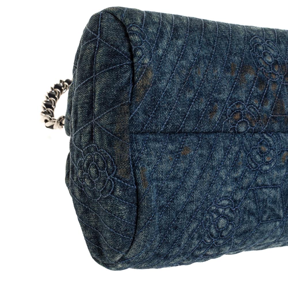 Chanel Blue Camellia Embroidered Denim Just Mademoiselle Bowling Bag 3