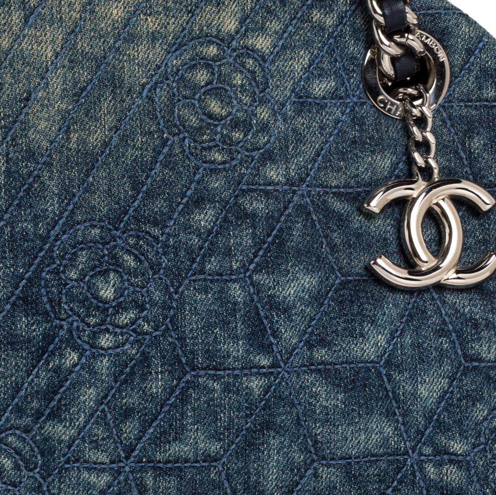 Chanel Blue Camellia Embroidered Denim Just Mademoiselle Bowling Bag 4