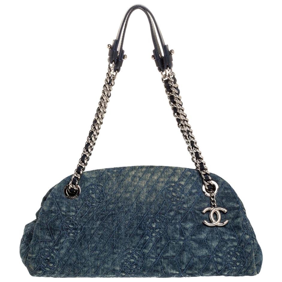 Chanel Blue Camellia Embroidered Denim Just Mademoiselle Bowling Bag at  1stDibs