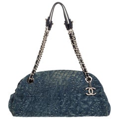 Chanel Blue Camellia Embroidered Denim Just Mademoiselle Bowling Bag