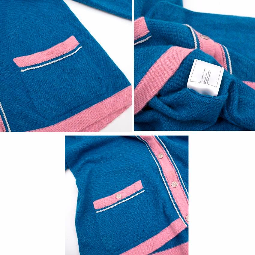 Chanel Blue Cashmere Cardigan With Contrasting Pink Trim US 12 For Sale 5