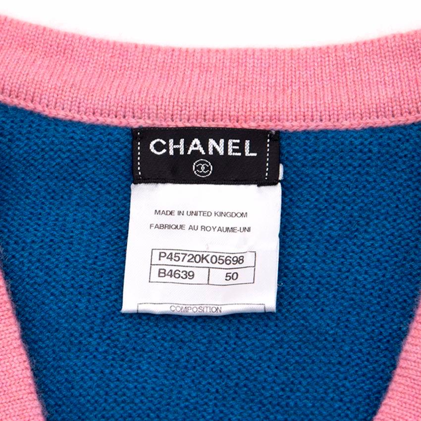 Chanel Blue Cashmere Cardigan With Contrasting Pink Trim US 12 In Excellent Condition For Sale In London, GB