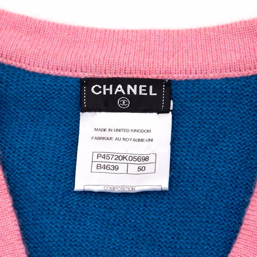 Women's Chanel Blue Cashmere Cardigan With Contrasting Pink Trim US 12