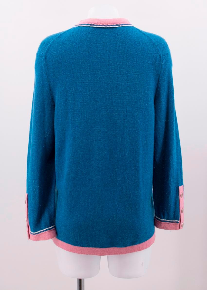 Women's Chanel Blue Cashmere Cardigan With Contrasting Pink Trim US 12 For Sale