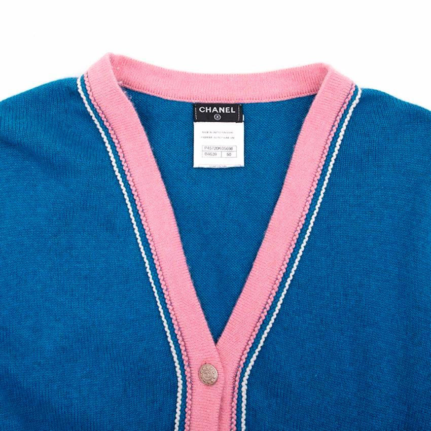 Chanel Blue Cashmere Cardigan With Contrasting Pink Trim US 12 For Sale 1