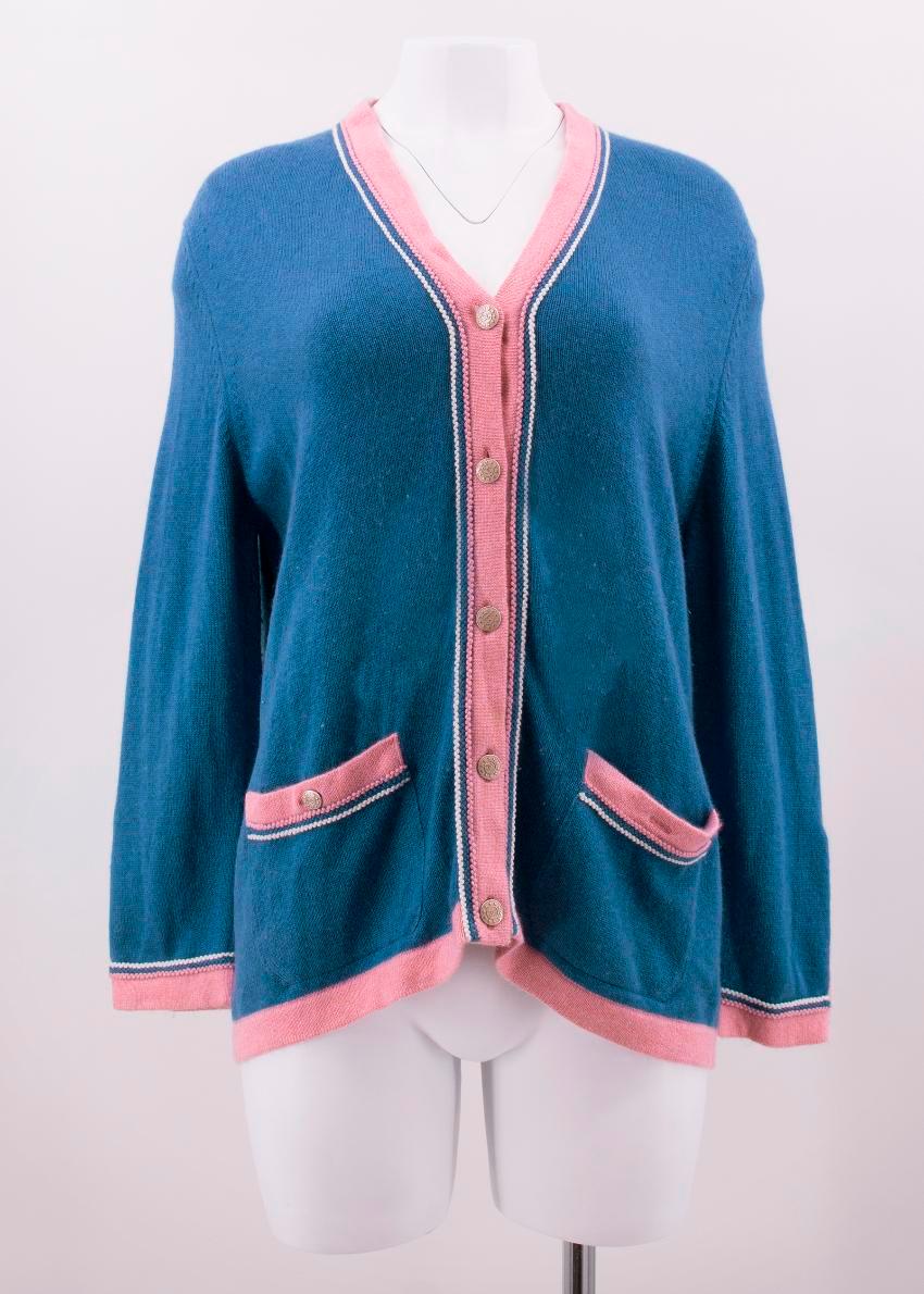 Chanel Blue Cashmere Cardigan With Contrasting Pink Trim US 12 For Sale 2