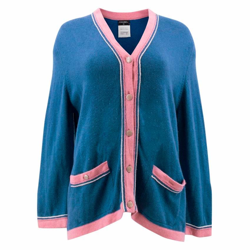 Chanel Blue Cashmere Cardigan With Contrasting Pink Trim US 12 For Sale 3