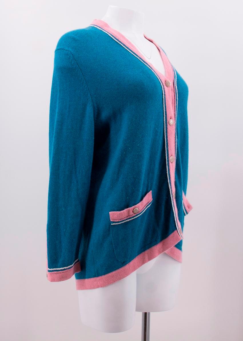 Chanel Blue Cashmere Cardigan With Contrasting Pink Trim US 12 For Sale 4