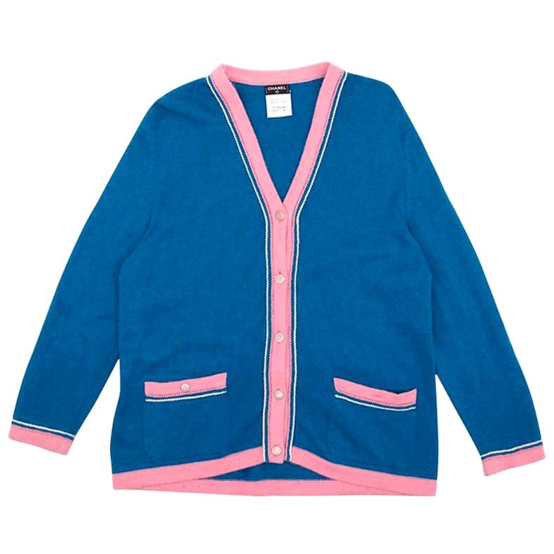 Chanel Blue Cashmere Cardigan With Contrasting Pink Trim US 12