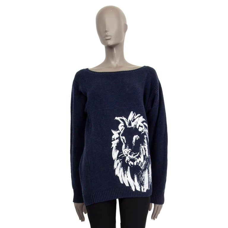 CHANEL blue cashmere LION PRINT Sweater 38 S at 1stDibs