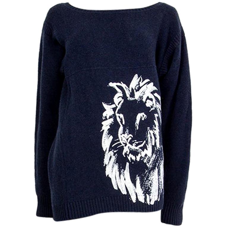 CHANEL blue cashmere LION PRINT Sweater 38 S