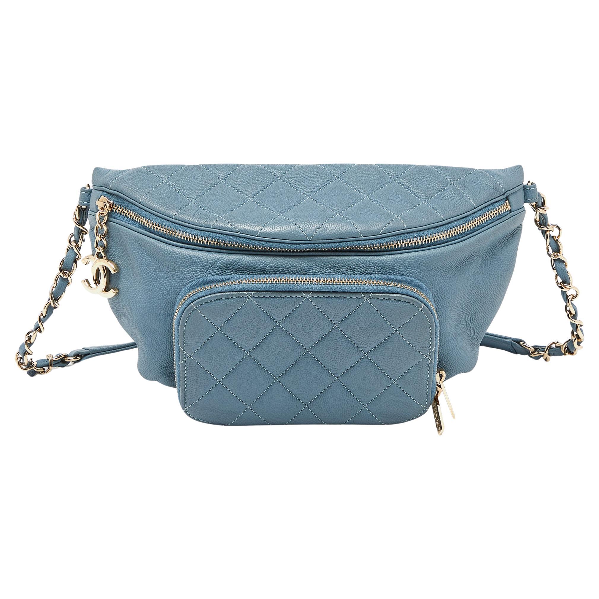 Chanel Blue Caviar Leather Business Affinity Waist Bag For Sale