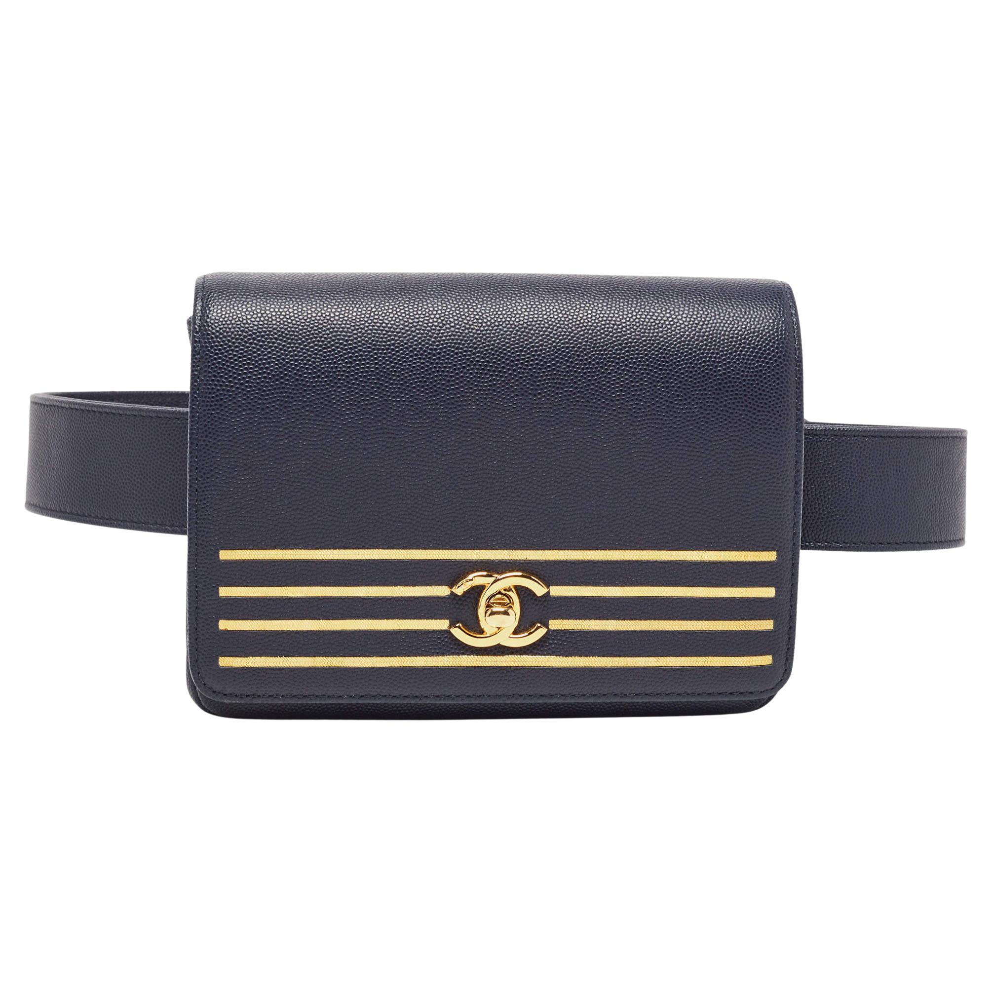Chanel Blue Caviar Leather Captain Gold Waist Bag For Sale at 1stDibs