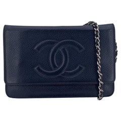 Chanel Blue Caviar Leather CC Logo Wallet on Chain Woc Crossbody Bag