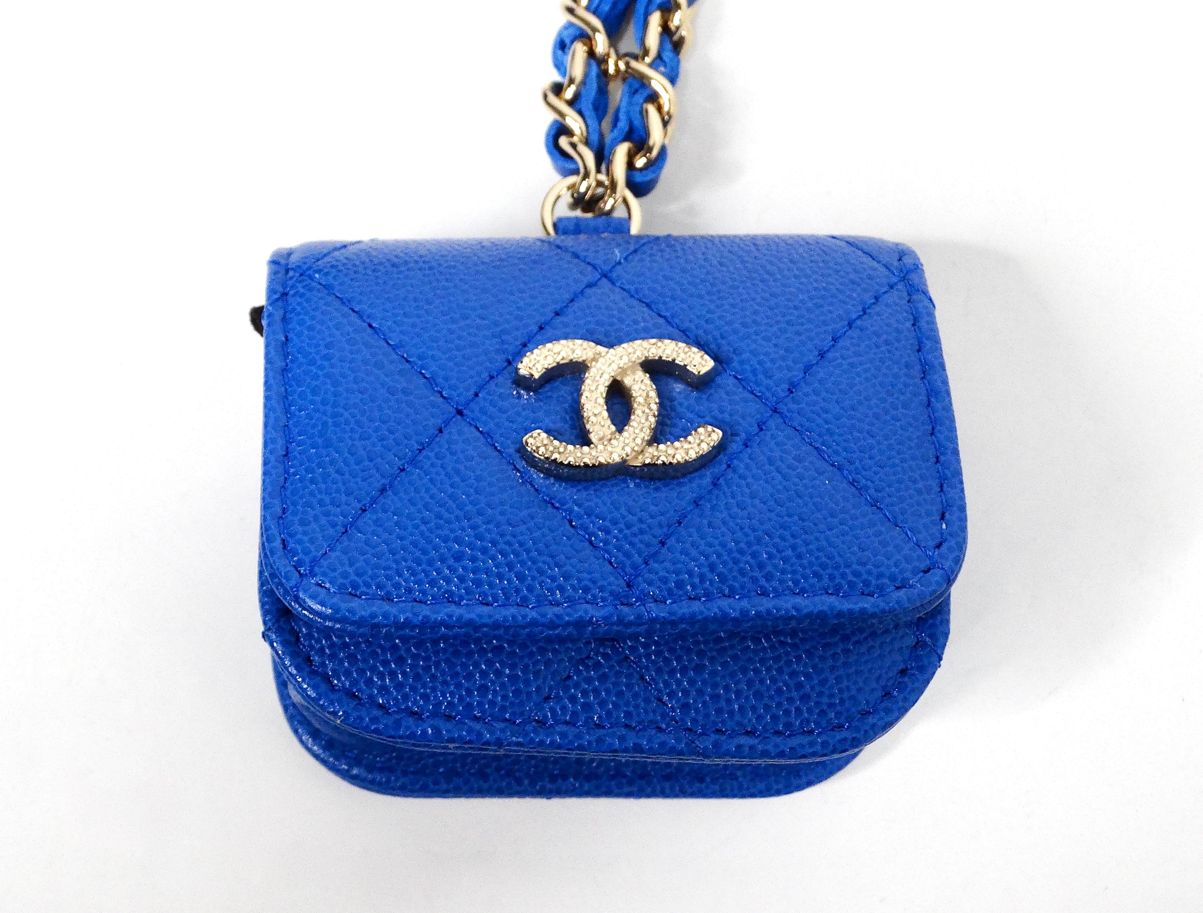 Women's Chanel Blue Caviar Leather Phone & AirPods Pro Case With Chain 2022 For Sale