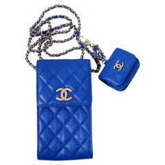 Chanel Blue Caviar Leather Phone & AirPods Pro Case With Chain 2022