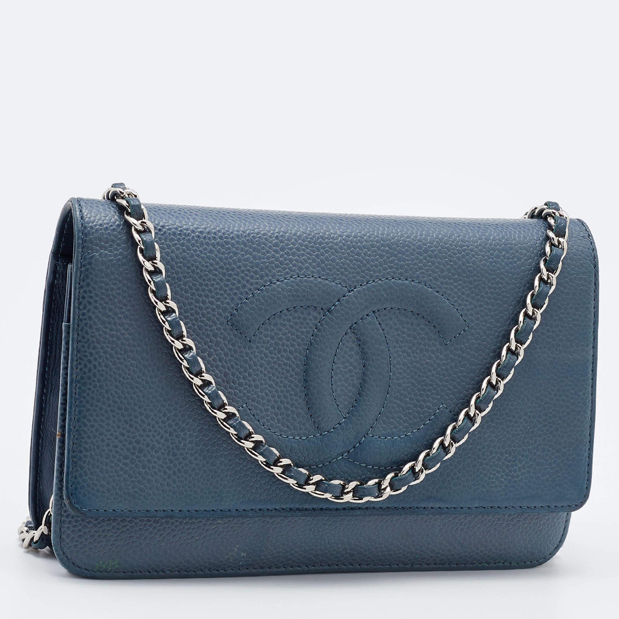Women's Chanel Blue Caviar Leather Wallet On Chain