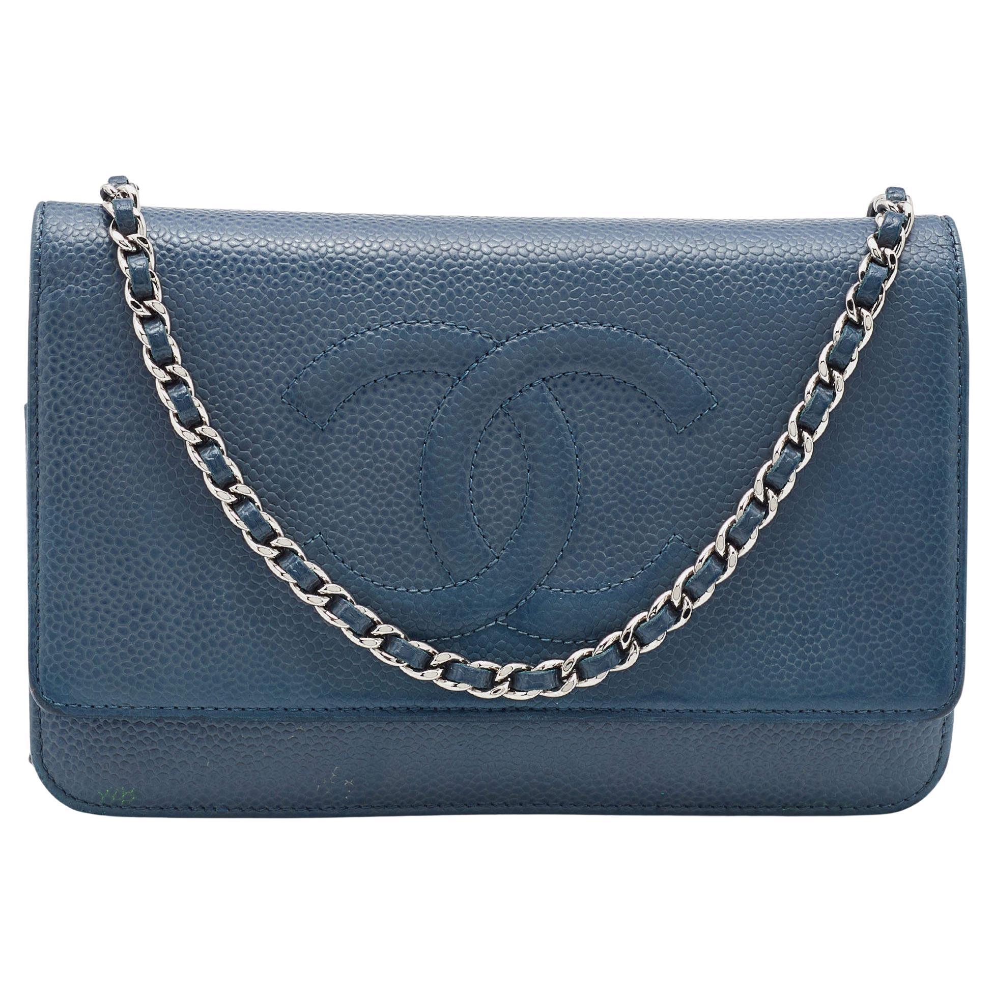 Chanel Blue Caviar Leather Wallet On Chain