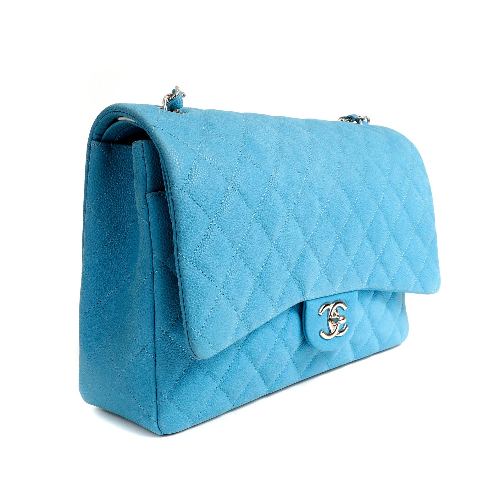 Chanel Blue Caviar Maxi Double Flap Bag In Excellent Condition In Palm Beach, FL