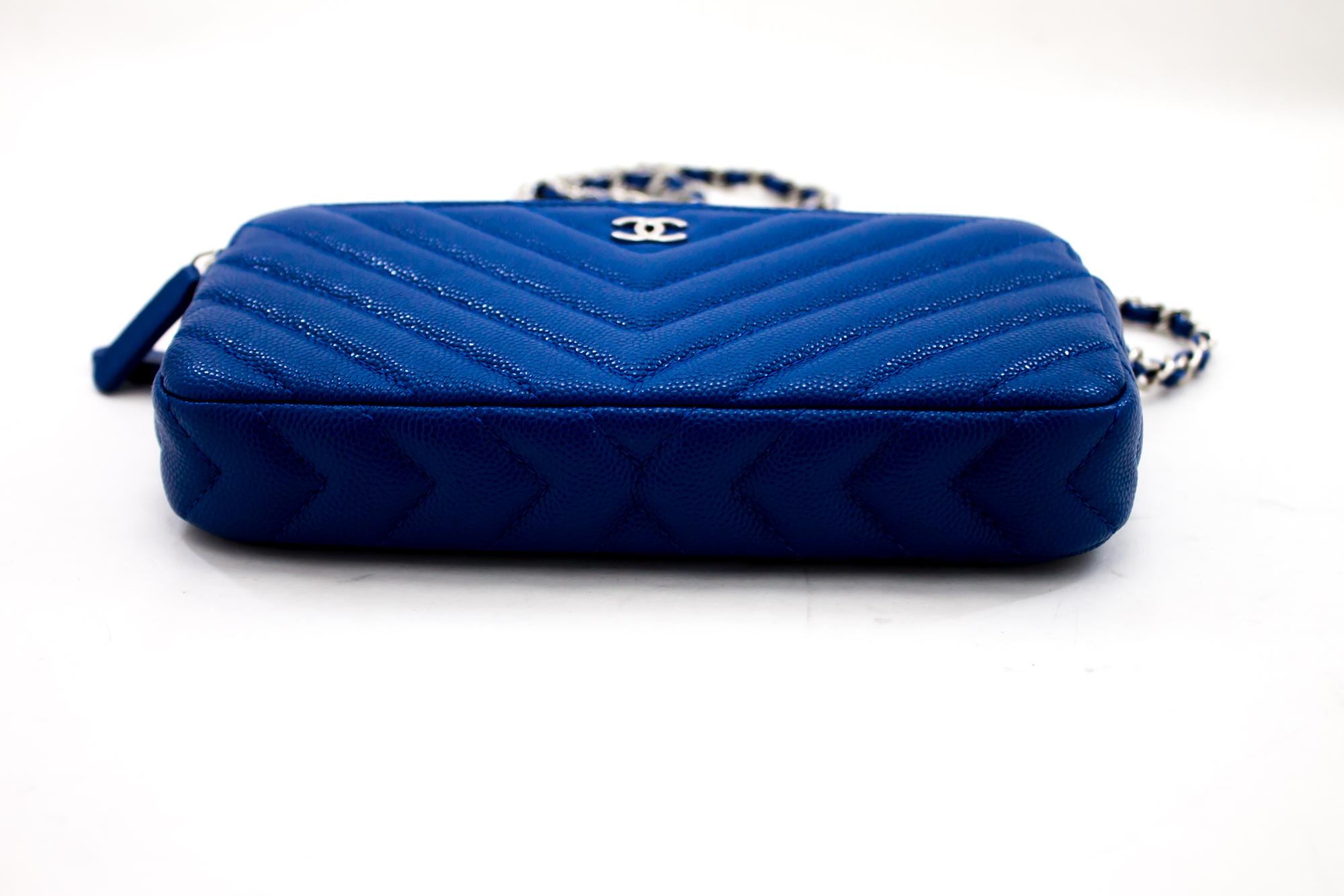 Black CHANEL Blue Caviar WOC Wallet On Chain V-Stitch Shoulder Bag Leather