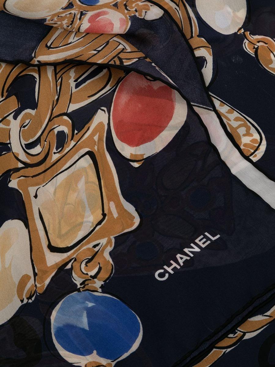 Black Chanel Blue CC Bijoux Chain Silk Scarf