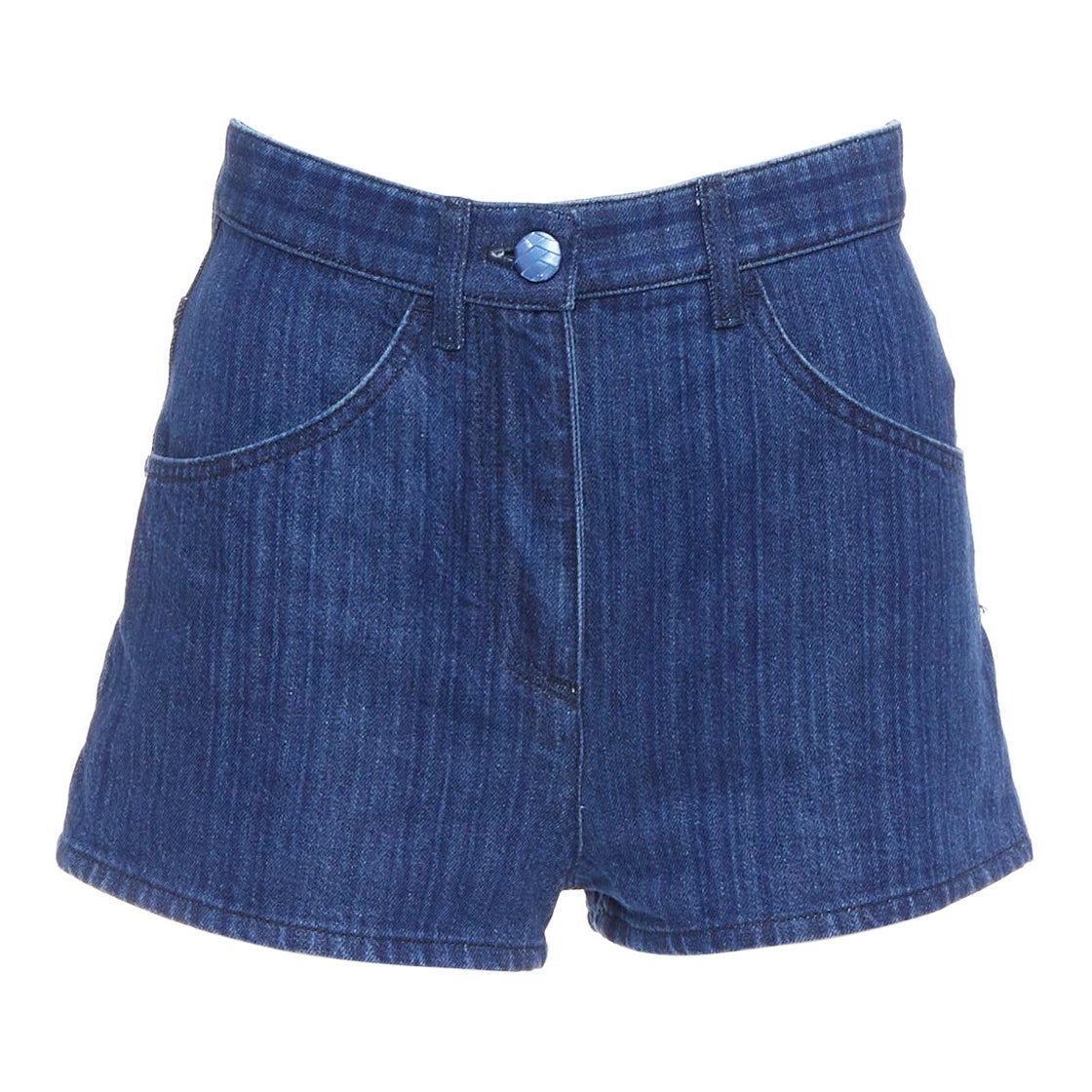 CHANEL azul CC logo tejida trompe loeil denim pantalones cortos de talle alto FR34 XS