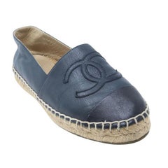 Chanel Blue CC Noir Lambskin Cap Toe Double Stack Espadrilles 6 Flats