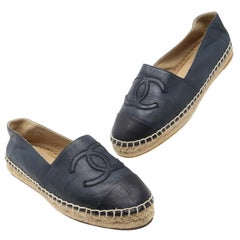 Chanel Blue CC Noir Lambskin Cap Toe Double Stack Espadrilles 6 Flats