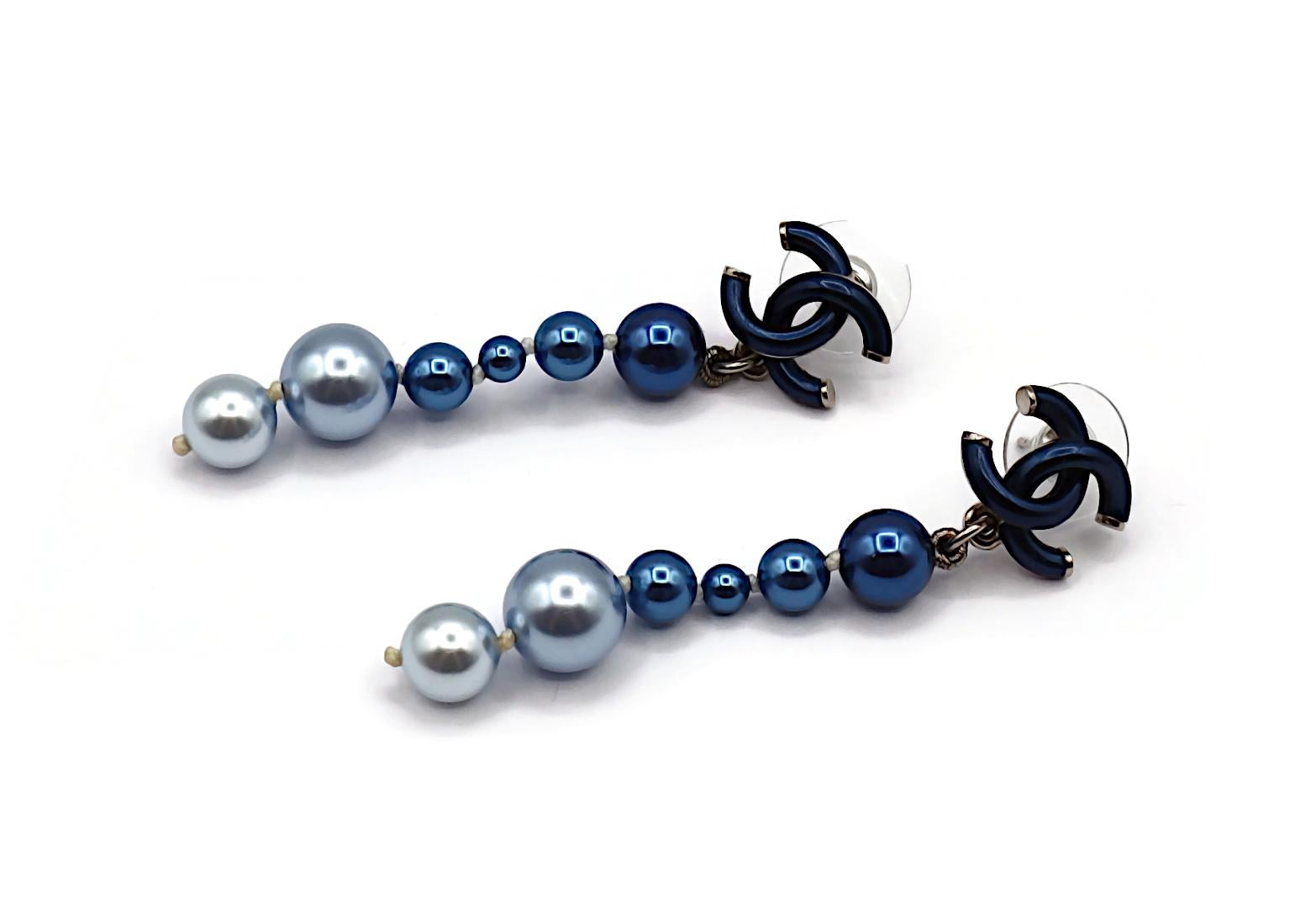 Women's CHANEL Blue CC Pearl Dangle Earrings, 2018 For Sale