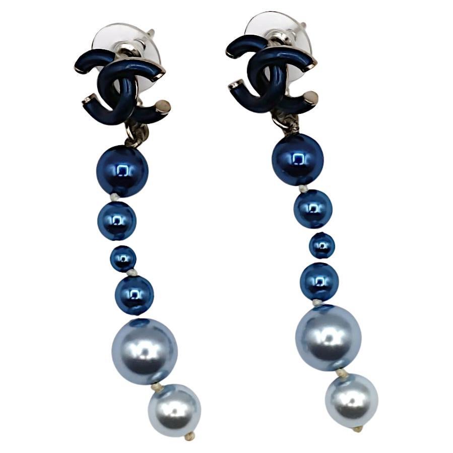 CHANEL Blue CC Pearl Dangle Earrings, 2018 For Sale